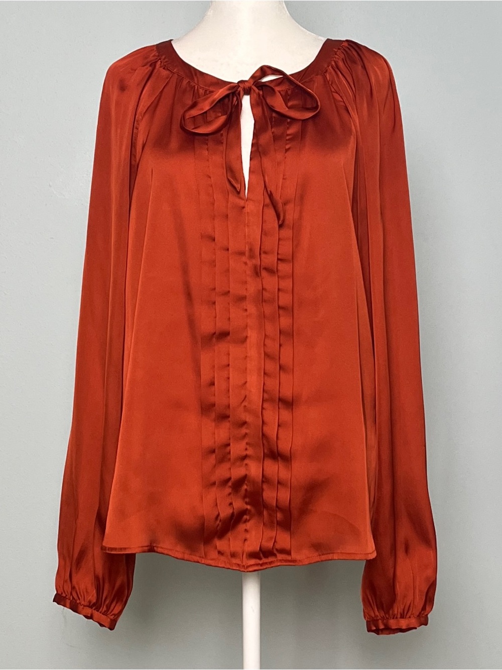 Burnt Terracotta Satin Tie-Neck Pintuck Romantic Blouse | Size Small